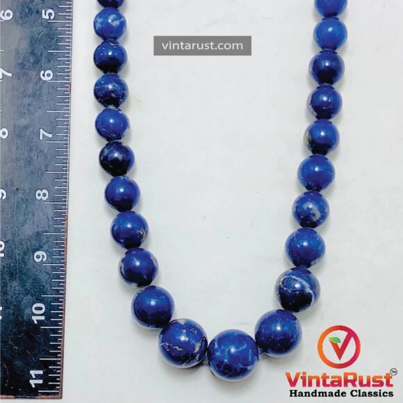 Lapis Lazuli Blue Bead Necklace, Vintage Lapis Stone Single Strand Graduated - Picture 7 of 10
